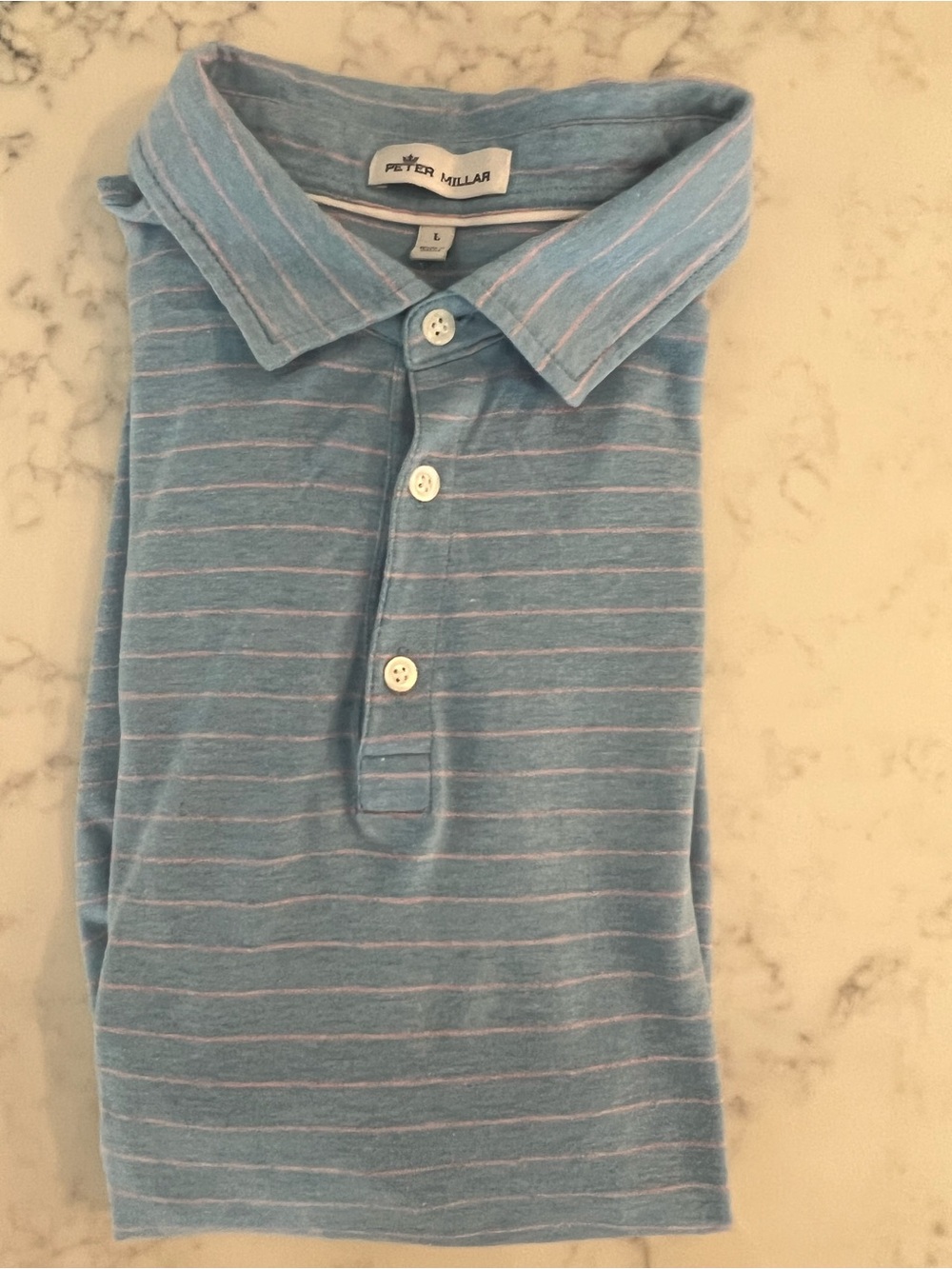 Peter Millar Men’s Golf Polo Shirt Large Short Sleeve Blue Pink Stripe
EUC